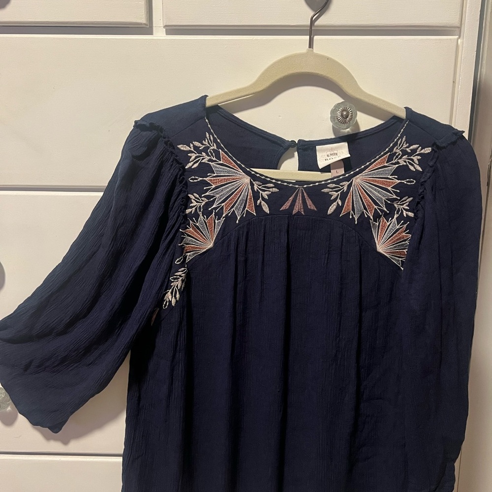 Knox Rose Dark Blue Top with Embroidered Accents